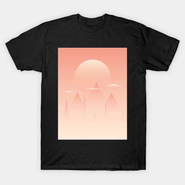 Illustration of 3 pyramids, clouds and sun in light orange colors T-Shirt by whatever comes to mind 2